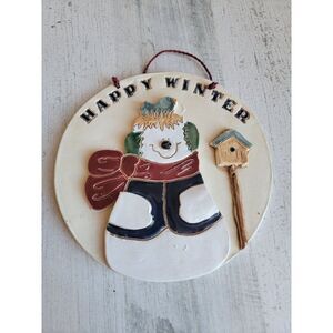 Heart soul happy Winter ceramic snowman bird hanging wall decor